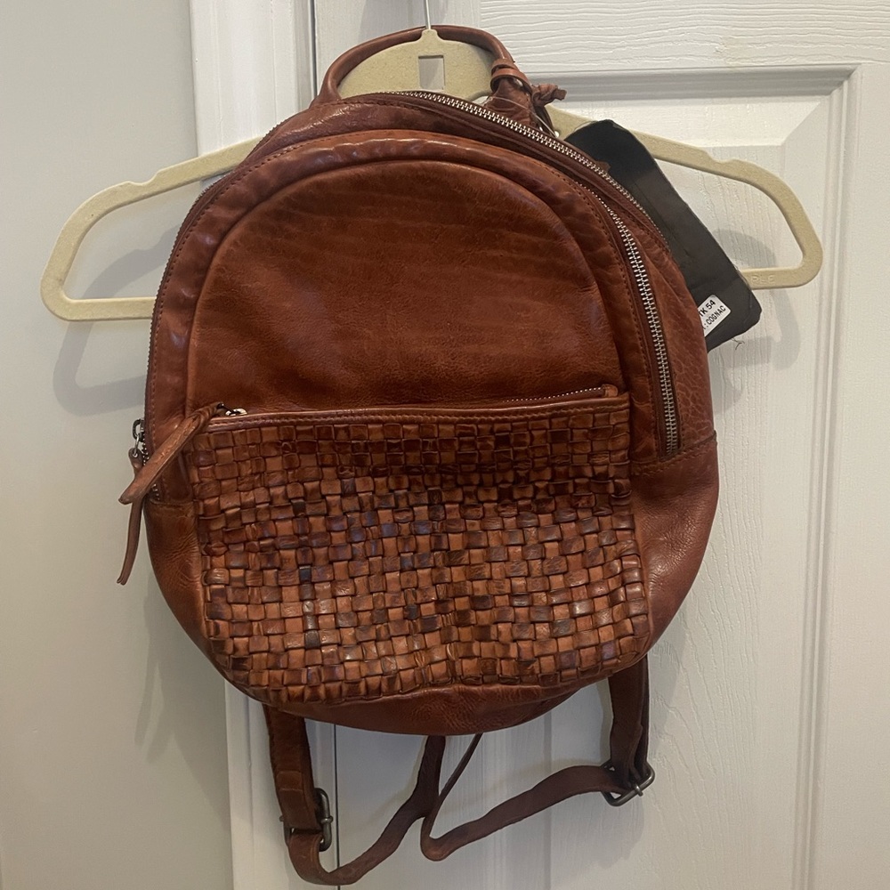 NWT Vilenca Cognac Leather Woven Backpack Purse Basketweave Bag
